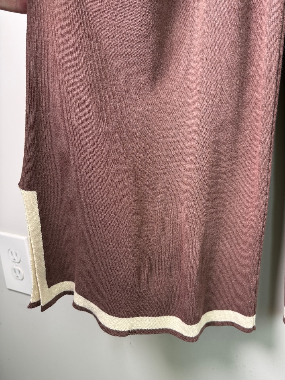 Brown Ribbed Knit Wide Leg Pants Cream Stripe Hem Side Slit Sz S - Picture 3 of 8